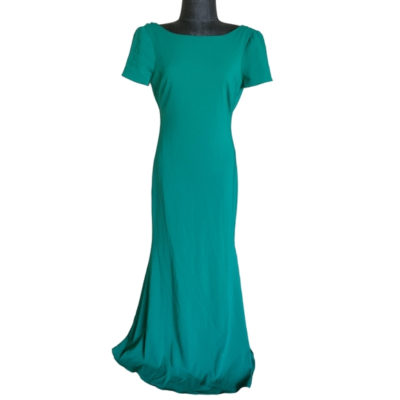 Badgley Mischka Emerald Green Short Sleeve V Plunge Back Gown